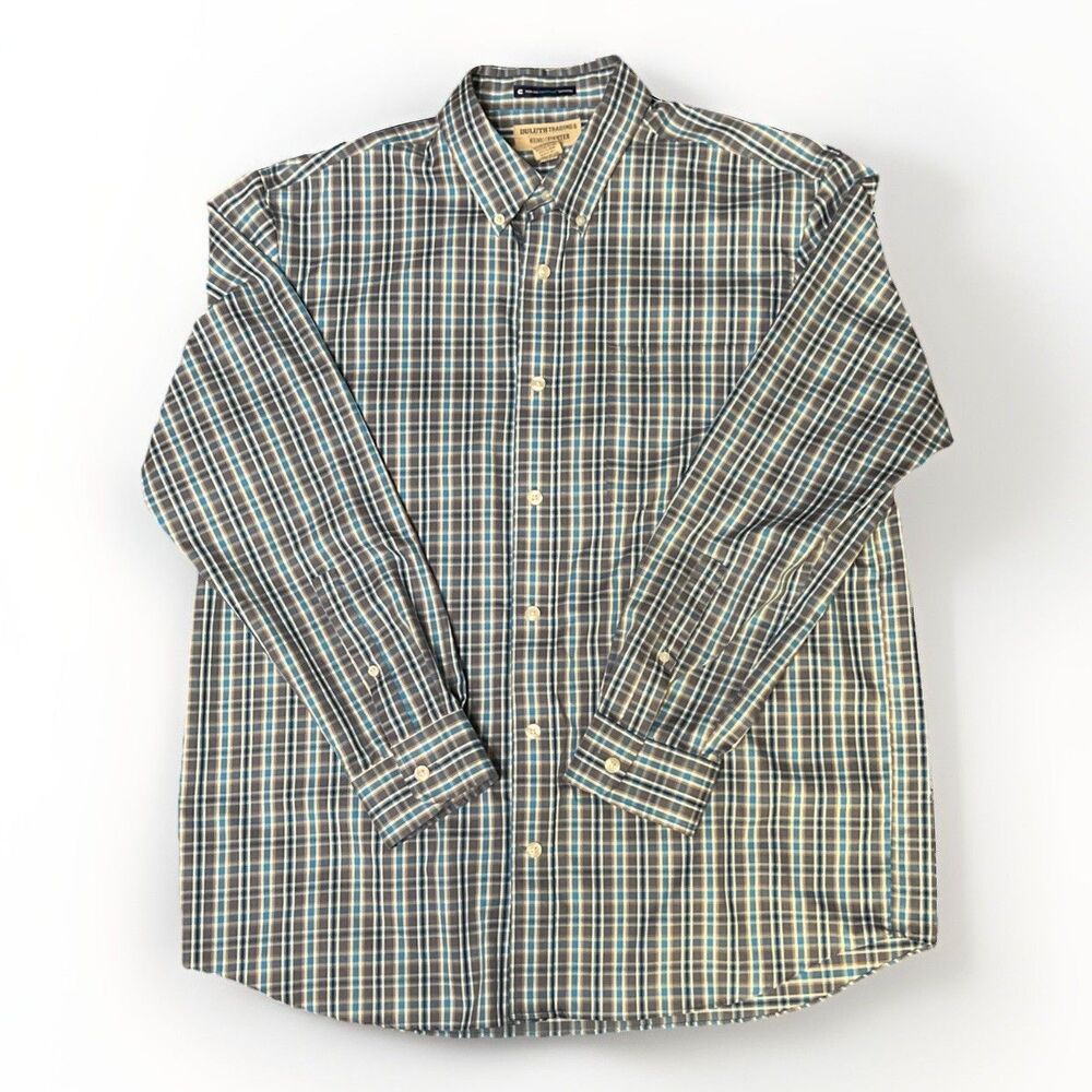 Duluth Trading Wrinkle Fighter Button Down Mens L Cotton Relaxed Fit Blue Plaid